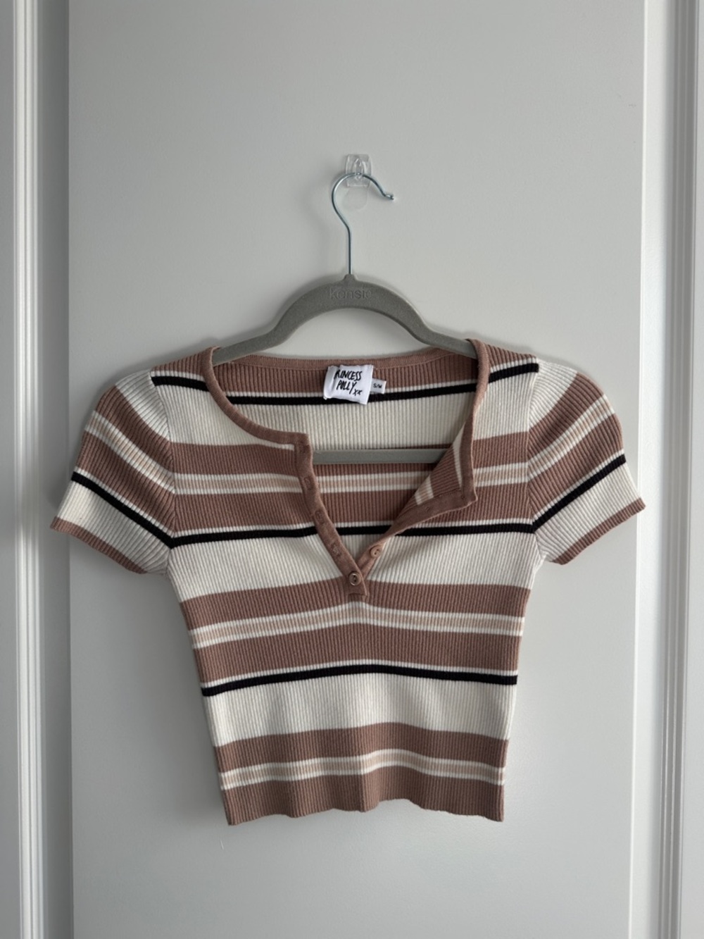 Princess Polly Striped Ribbed Henley Crop Top in Taupe, Cream & Black